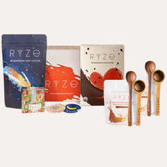 RYZE Chocolate Indulgence Bundle - Starter Pairing: Mushroom Hot Cocoa bag, RYZE recipe box, Mushroom Chocolates box, coaster, acacia scoop...