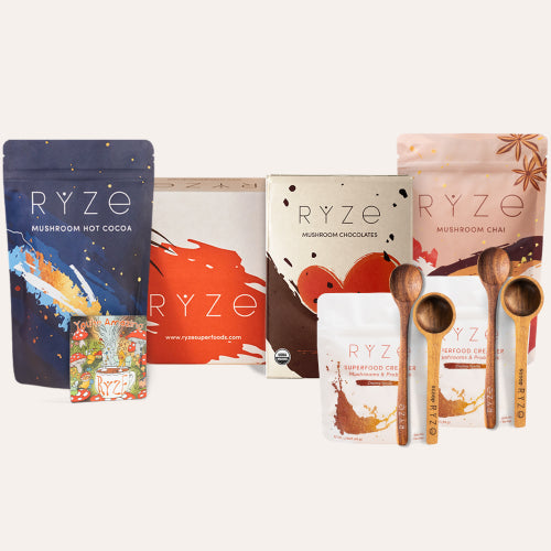RYZE Ultimate Indulgence Bundle - Spiced Wellness Set: Mushroom Multi Gummies, Hot Cocoa bag, recipe box, Mushroom Chocolates box, Mushroom...