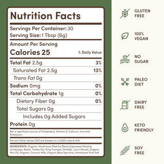 RYZE Mushroom Matcha nutrition facts label
