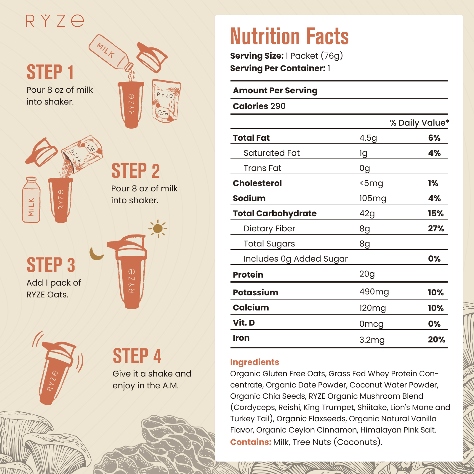 RYZE Mushroom Overnight Oats Pack (14 Servings) - Daily Oats Start